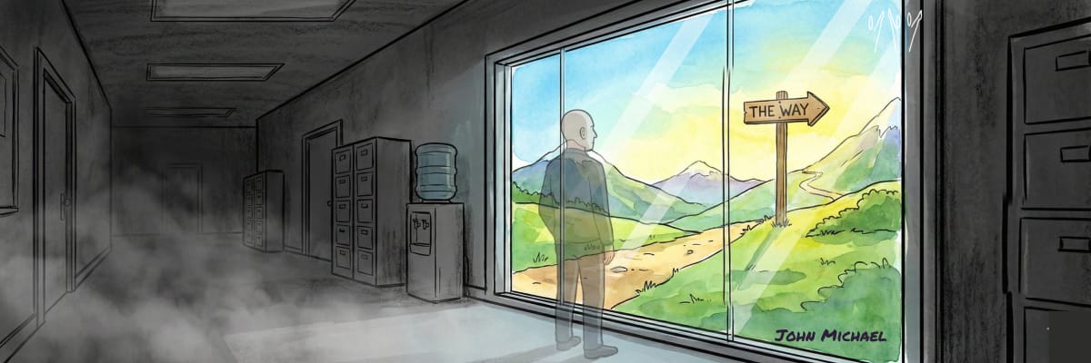 Looking out from the world's ways through the window to a colourful, beautiful Kingdom realm with the signpost of The Way.