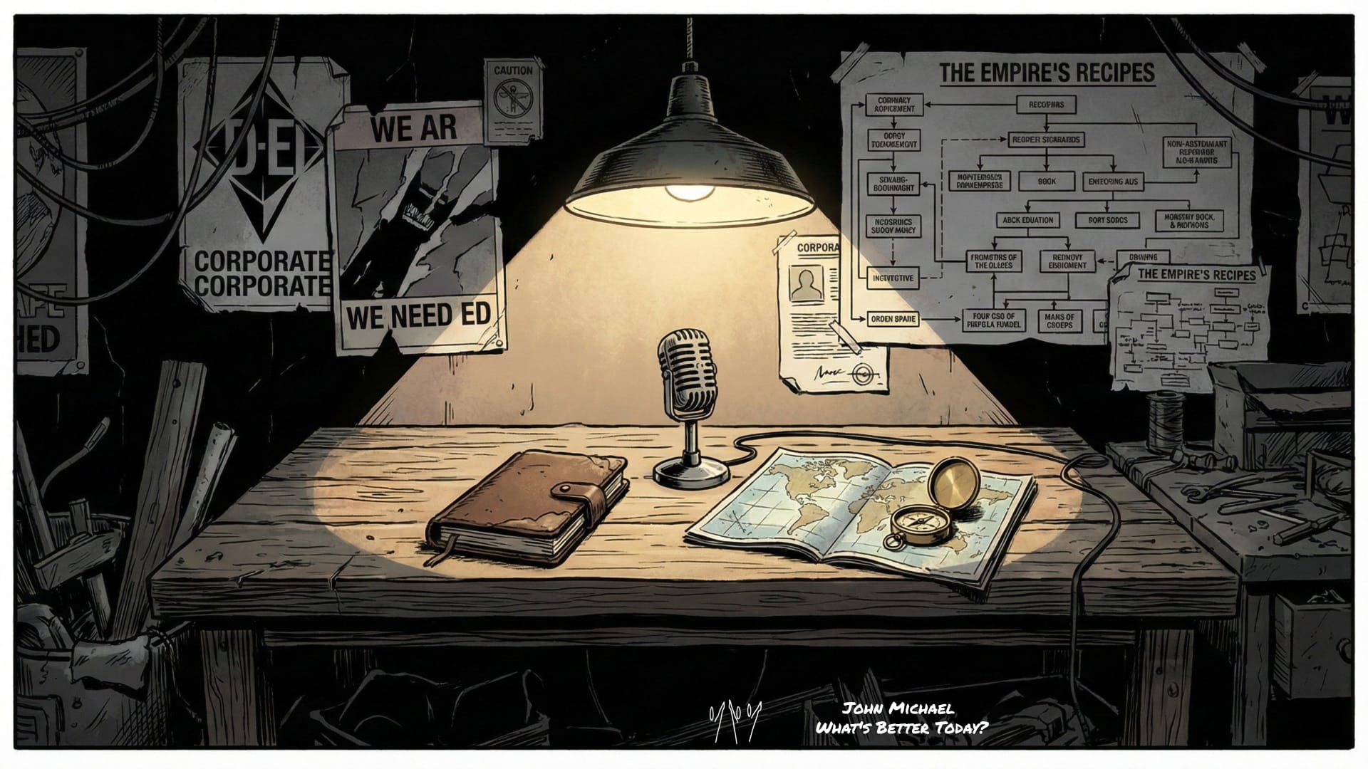 Noir-style workbench with a notebook, microphone, and map under a single light. Background shows torn corporate charts, symbolizing the rejection of success recipes.