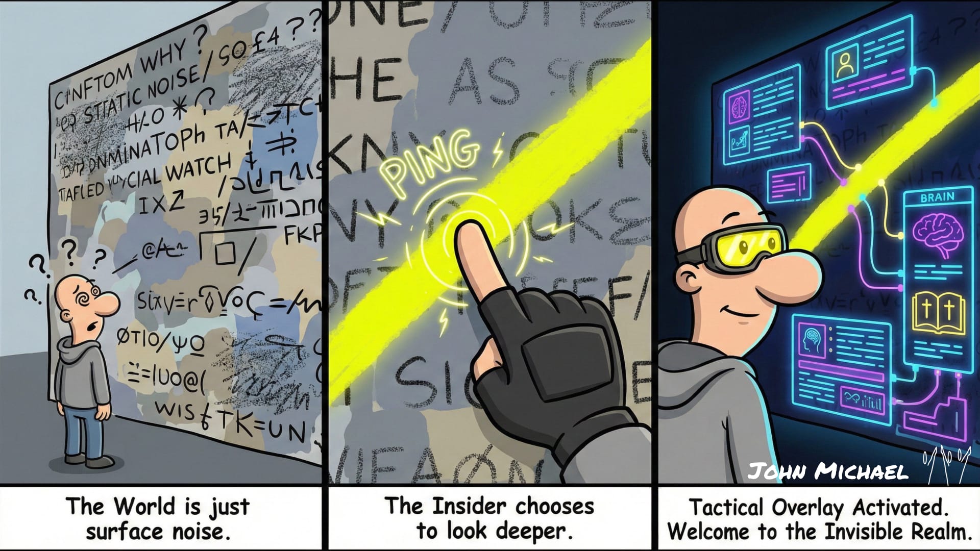 character activating the 'Kingdomlens.' He goes from seeing chaotic grey text to highlighting a sentence, which reveals a hidden layer of neon icons neuroscience and scripture notes.