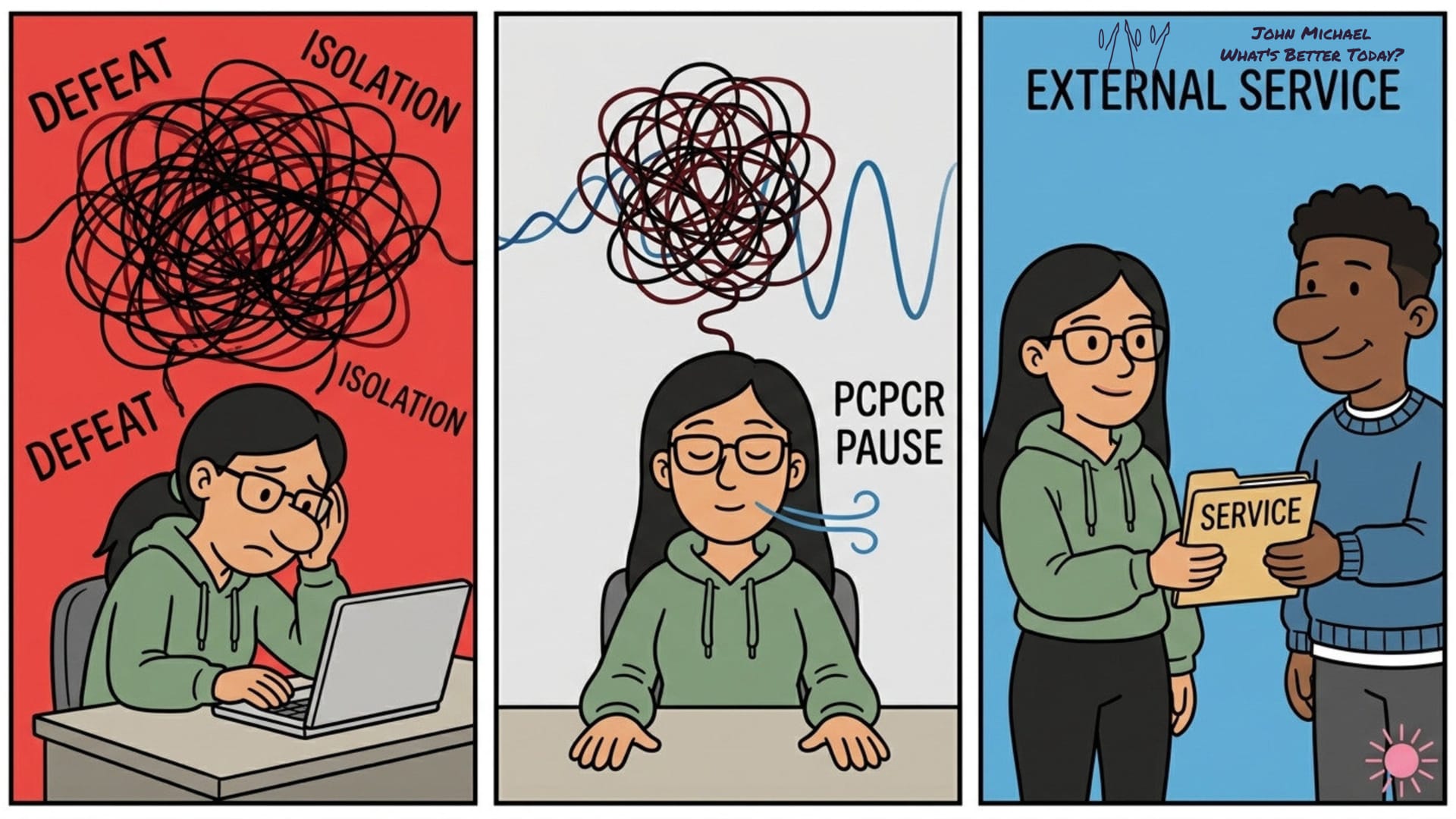 a young professional breaking a biological stress loop over a work mistake by using the PCPCR breathing protocol and shifting her focus to external service.