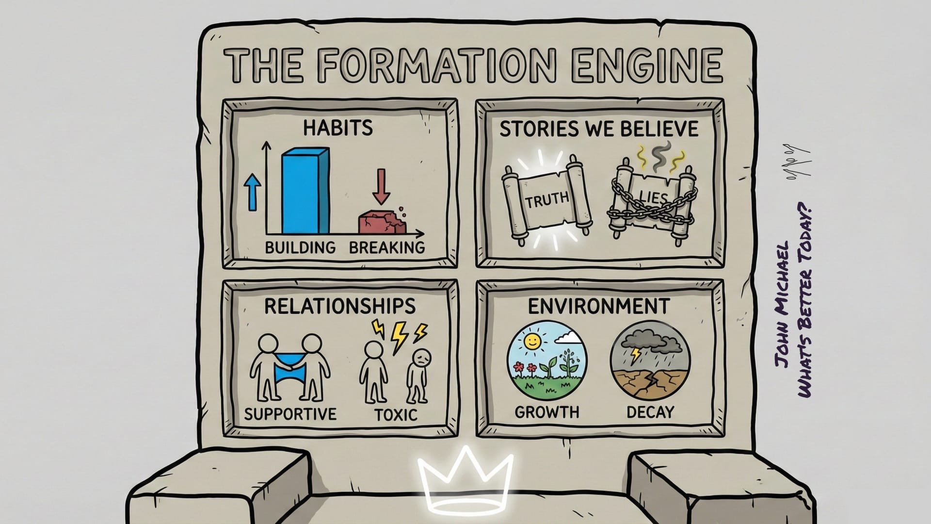 A close up architectural diagram of the Formation Engine for Christian marketplace leaders. A stone throne sits at the bottom, glowing with a divine crown symbol representing Jesus as the True King. Above it, a stone tablet displays the four core quadrants of spiritual formation: Habits, Stories We Believe, Relationships, and Environment. The diagram illustrates how the occupant of the throne dictates internal character development and leadership resilience.