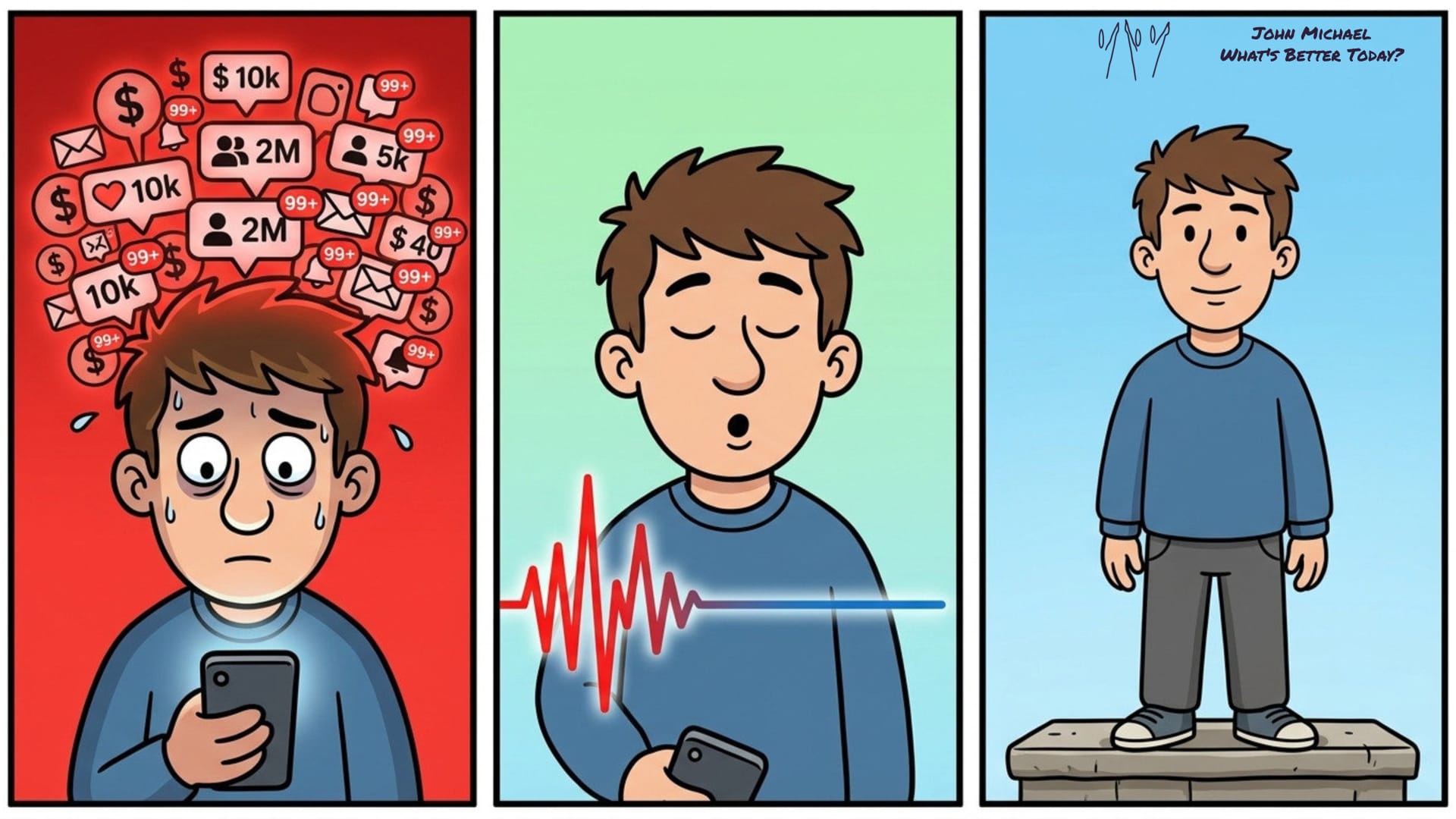 A three panel illustration showing an exhausted executive overwhelmed by corporate metrics, using the PCPCR breathing protocol to short circuit a stress loop