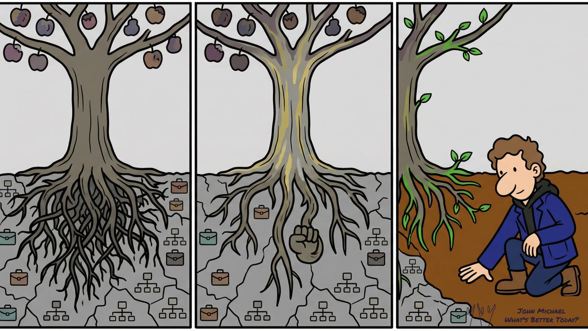 Three panel botanical illustration showing a tree in three states: healthy roots in contaminated soil, visible rot traveling upward, and a figure tending to the root system directly.