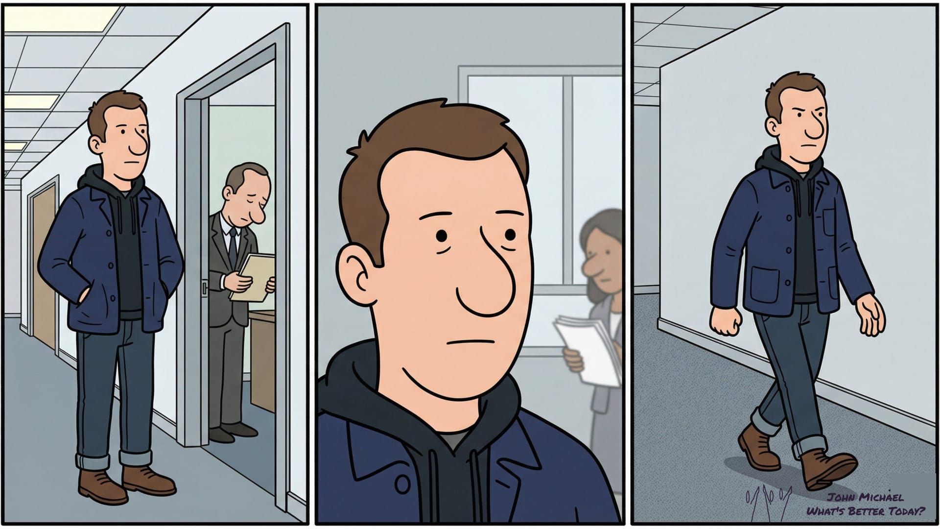 Three panel illustration of a corporate professional receiving bad news, showing the progression from controlled composure to contained fury in a workplace setting.