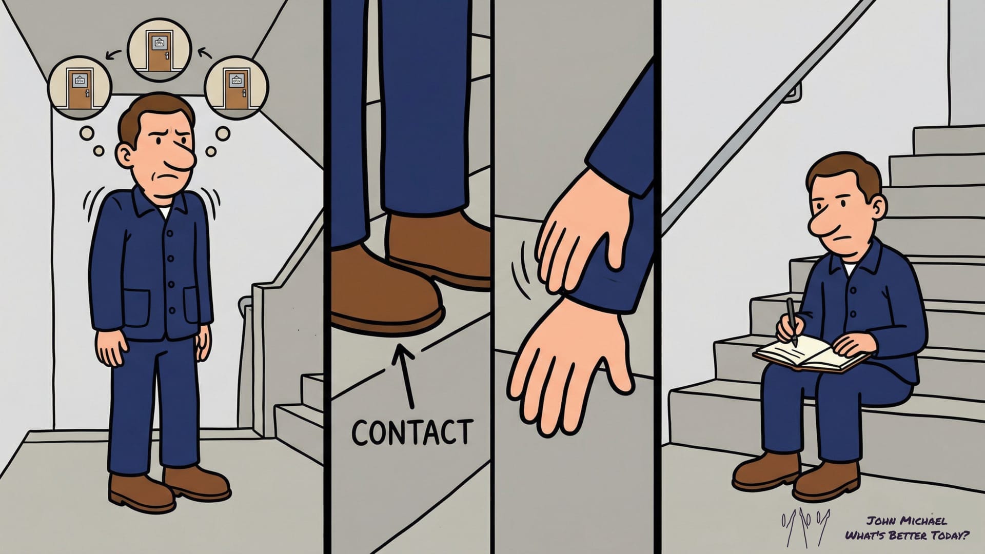 Three panel sequence of a professional in a stairwell moving from physiological stress to grounded decision through a deliberate somatic anchor practice.