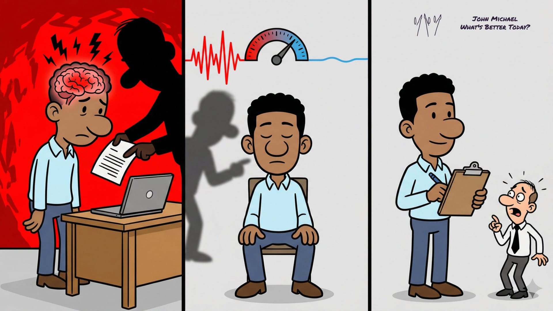  a young professional experiencing a biological stress loop from a fault finding boss, using the PCPCR pause to regulate their nervous system, and shifting to observation.