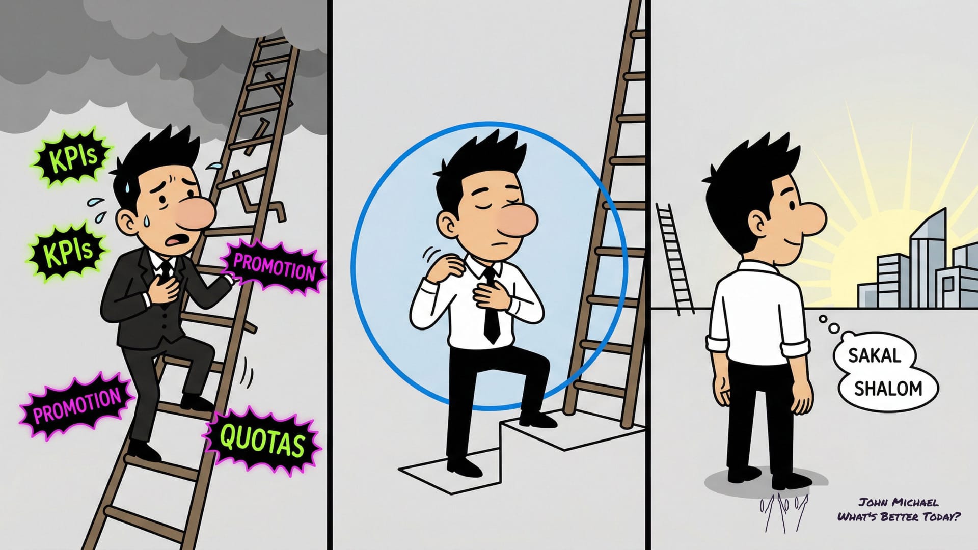 a young professional experiencing the physical exhaustion of the corporate ladder, pausing to observe his stress response, and stepping off to build a grounded internal architecture.